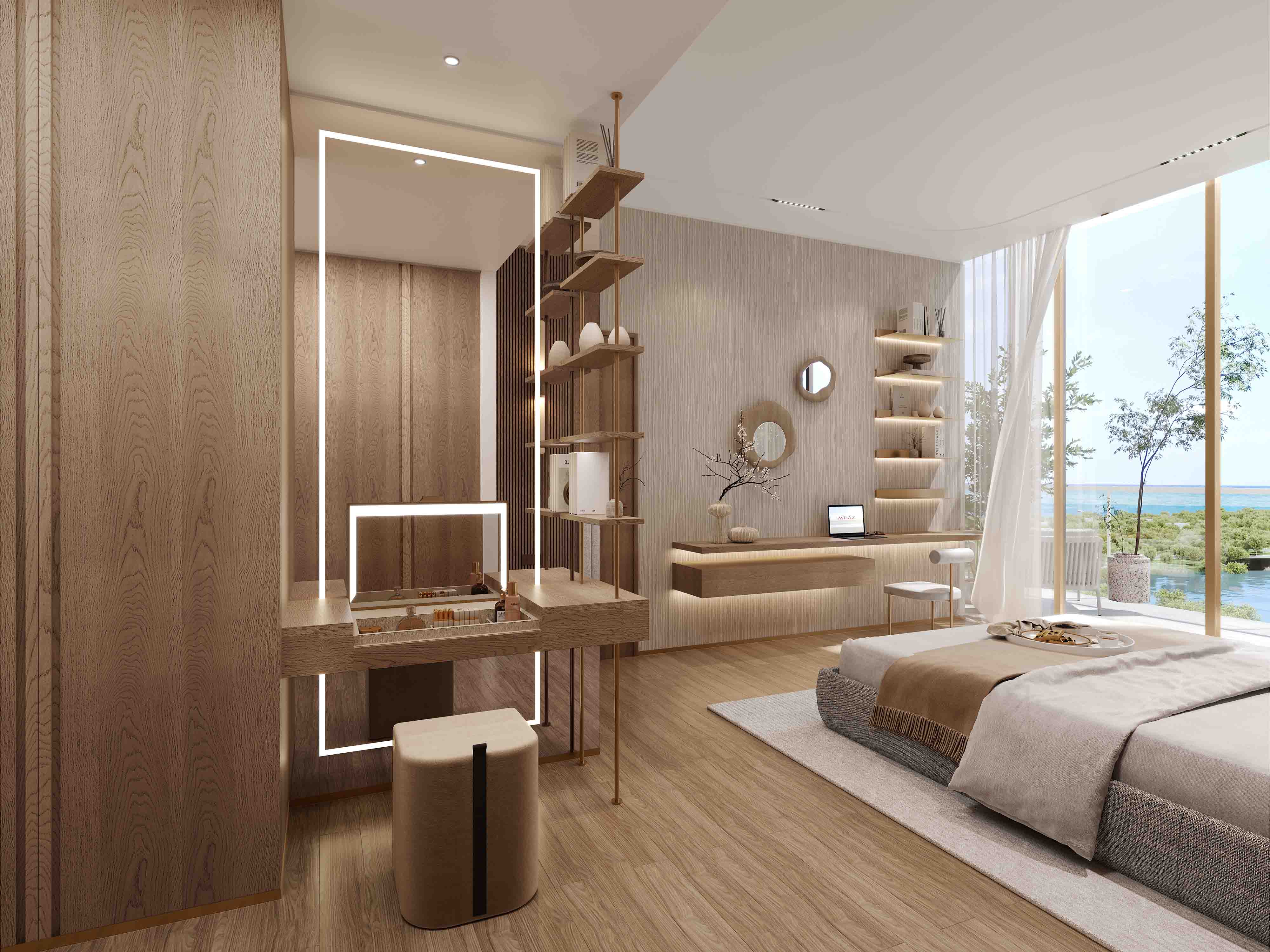 Wynwood By Imtiaz Modern bedroom with wooden accents, a cozy bed, a study area, and large windows overlooking a scenic view.